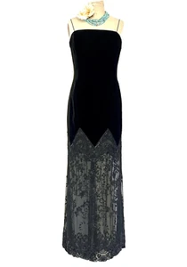 ESCADA Couture Black Sheath Formal dress 42 Velour Beaded Lace Sheer Skirt Forma - Picture 1 of 13