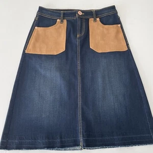 INC Denim Skirt Womens 2 Dark Blue Raw Hem Faux Suede Patch Pockets A-Line Knee - Picture 1 of 8