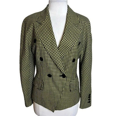 Blazer Vintage Escada Doble Botonadura Lana Cachemira Cuadros Amarillo Negro Talla 36 Foto 1 de 4