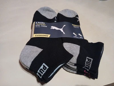 Paquete de 6 pares de calcetines de entrenamiento para mujer Puma QTR CREW negro/gris talla 9-11 zapato 5-9,5  Foto 1 de 4