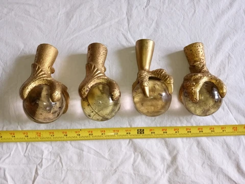 4 antique 3" Glass Ball Talon Claw Brass plated Cast 6" METAL iron? Table FEET? Cover