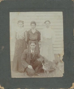 Cabinet Card Antique Photo Women Man Serious Expressions Dog Pet Animal Outside - Picture 1 of 5