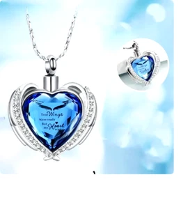 AQUA BLUE CZ HEART URN CREMATION ASHES Pendant 20" 925 Sterling Silver Necklace - Picture 1 of 10