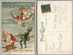 NEW YEAR ANTIQUE POSTCARD DWARFS GNOMES w/ PLAYING CARDS MONEY BAGS on HALF MOON - Picture 1 of 1