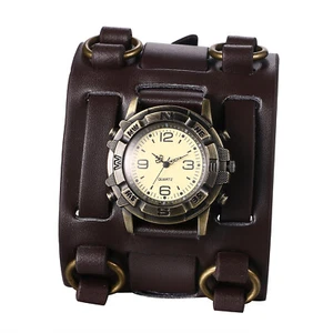 Mens Biker Wide Geniune Leather Strap Quartz Wrist Watch Retro Brown Bangle Cuff - Picture 1 of 6