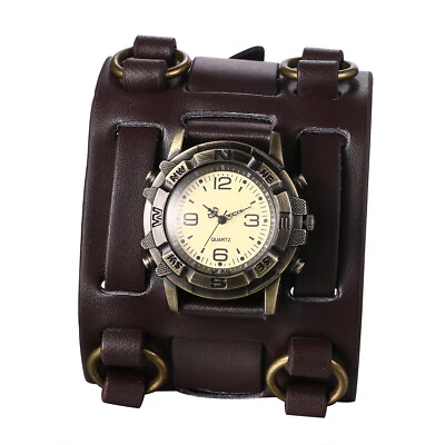 Mens Biker Wide Geniune Leather Strap Quartz Wrist Watch Retro Brown Bangle Cuff - Image 1 of 4