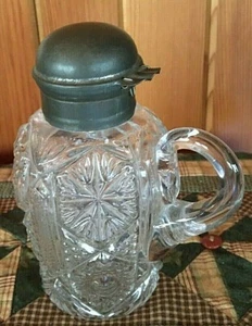Antique Syrup Server EAPG Pewter Thumb Tab Top 6" Tall-Pressed Glass-UNK pattern - Picture 1 of 6
