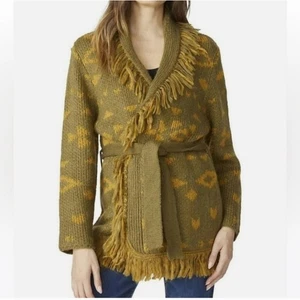 Driftwood Bradyn olivfarbene Strickjacke Pullover Fransengürtel Western geometrisch Größe Small - Bild 1 von 8
