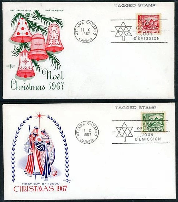 Canadá 1967 Etiquetado Edición de Navidad FDC Set Scott # 476p - 477p Foto 1 de 1