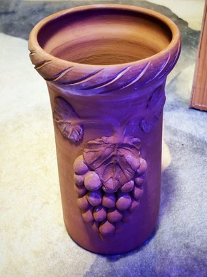 Vintage Studio Pottery Handmade Clay Brown Terracotta 3D Grape Vine Wine Cooler - Image 1 of 2