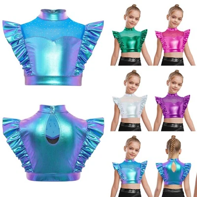 UK Girls Crop Tops Shiny Metallic Ruffle Sleeves Jazz Hip Hop Performance Dance - Image 1 of 4