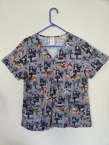 Disney Halloween Haunted House Scrub Top Mickey And Minnie Mouse Womens Large - Picture 1 of 6