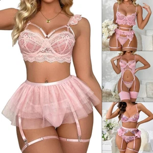 Women Lady Lingerie Sets with Garter Belt Sexy Babydoll Lace Teddy Bra G-String - Picture 1 of 43