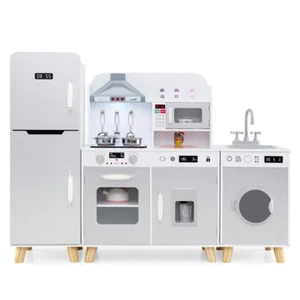 Kids Kitchen Playset 3-in-1 W/ Washing Machine Ice Maker Oven Sink Sounds Wooden - Picture 1 of 12