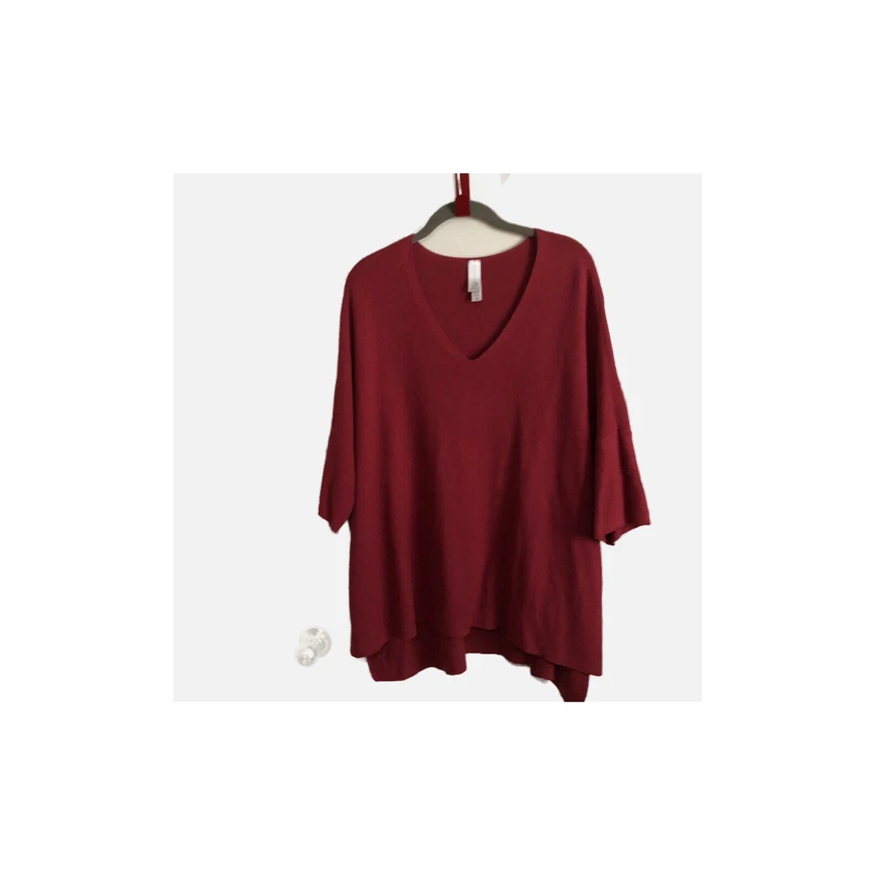 Marla Wynne 女式拉过 V 领 Russet 高低披肩针织上衣,尺寸 1X。 — 第 1/4 张图片