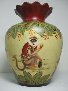 Vintage Painted Pottery Vase Monkey Brick Red Green Leaves Scalloped Top 11"Tall