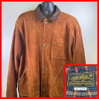 Chaqueta Abrigo Forrada Franela Cuadros Cuero Marrón Eddie Bauer De Colección Talla L Foto 1 de 4
