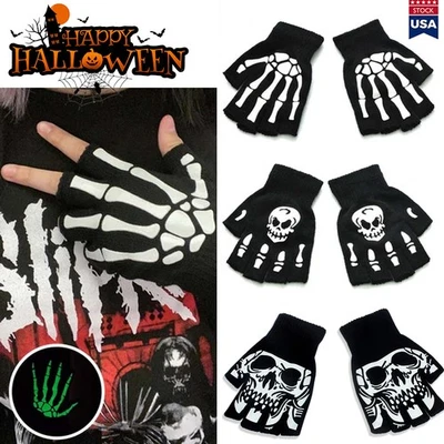 Guante Esqueleto Sin Dedos Brilla en la Oscuridad Guante para Niños Adultos Fiesta de Halloween Foto 1 de 4