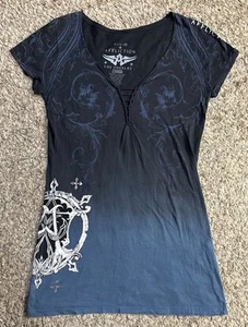 Affliction Gradient Blue w/ Victorian Vine Print Lace Collar w/ Cross XL Shirt - Picture 1 of 13