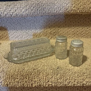 Glass Cut Glass Butter Dish Salt Pepper Shakers - Picture 1 of 6