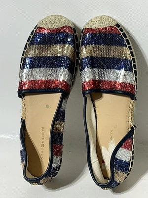 Sapatilhas Tommy Hilfiger Carliss Espadrille 7M vermelho azul prata brilho patriótico - Imagem 1 de 4
