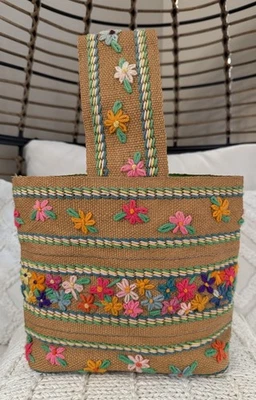 Bolso de Mano Vintage Años 70 Bordado Hilado Arpillera 13x13 Verde Boho Hippie Foto 1 de 4