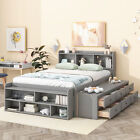 Wooden Full Size Bed Frame With Bookcase Storage Headboard And Drawers/case Gray