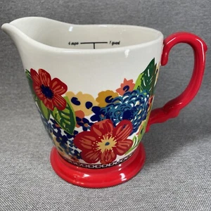Pioneer Woman 4 Cup Measuring Pitcher Dazzling Dahlia Flowers Red Handled Spout - Picture 1 of 9