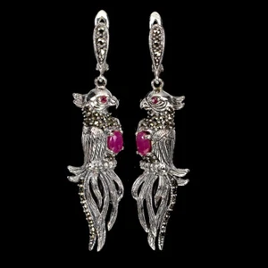 Verano 925 Pendientes Plata Ovalado Rubí Marcasita Loro Gema Natural Joyería - Imagen 1 de 10
