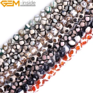 Tibetan DZI Football Soccer Turtleback Fire Agate 8mm Faceted Round Beads 15" - Picture 1 of 70