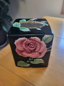 Vintage Ceramic Japan Fitz & Floyd Pink Roses Leaves Tissue/Kleenex Cover Holder