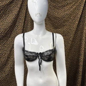 Vintage French Lace Bra 32B Black Sheer STAR France Lingerie Bow Free Ship - Picture 1 of 10