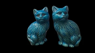 Pair Chinese Turquoise-Glazed Porcelain Seated Cat Figure / Figurine - Image 1 of 4