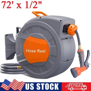 Automatic Retractable Garden Water Hose Reel 180° Wall Mount w/ 72ft x 1/2" Hose - Picture 1 of 11