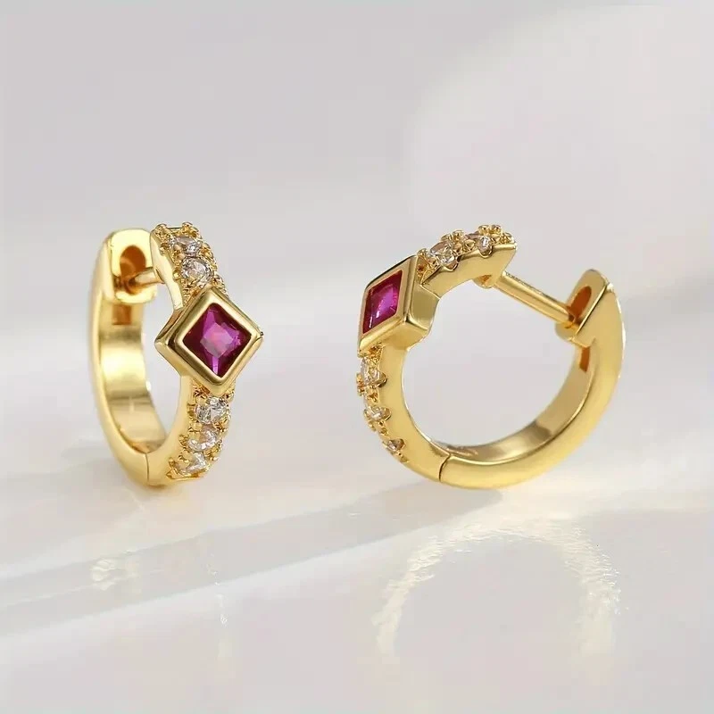 Pendientes tipo argolla para mujer talla princesa simulados de rubí rosa enchapados en oro amarillo de 14 k Foto 1 de 4