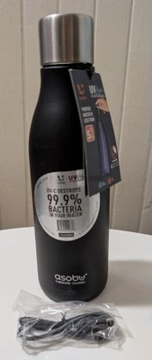 Asobu UV Hydro Light Purification 17oz Black Stainless Steel Bottle New with Tag