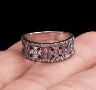 Natural Ruby and Sapphire Diamond Wedding Band Ring 14k White Gold Plated - Image 1 of 4