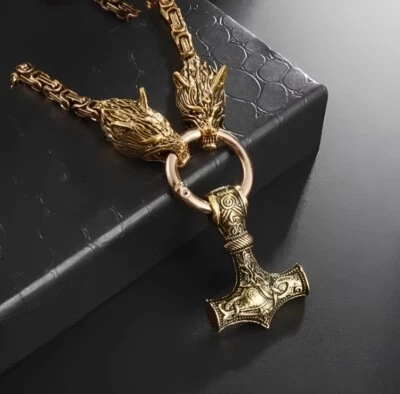 Men's Norse Viking Gold Hammer Mjolnir Wolf Pendant Stainless Steel Necklace UK - Image 1 of 4