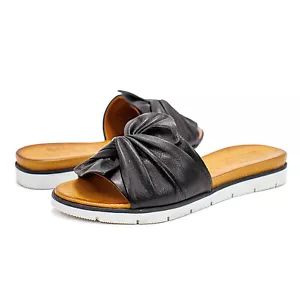 Women Spring Step Lavona Black Leather Slide Sandal with Bow - Picture 1 of 6