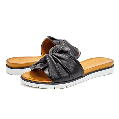 Women Spring Step Lavona Black Leather Slide Sandal with Bow - Image 1 of 4