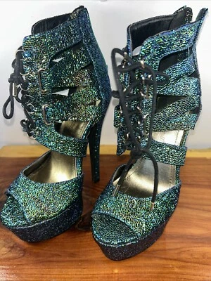 Womens Anne Michelle gorgeous strappy heels size 5.5 Emerald Green sparkling LN - Image 1 of 4