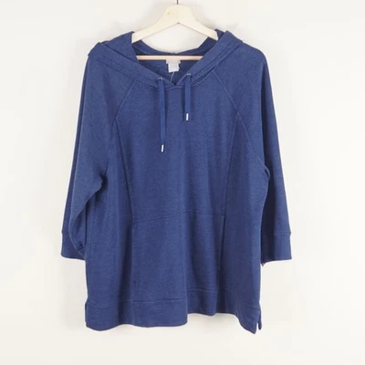 Chicos Zenergy Indigo Pullover Terry Cotton Blend 3/4 Sleeve Hoodie Sz 3 16-18 - Image 1 of 4