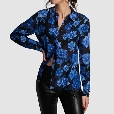 Top Alice + Olivia Willa Floral Seda Transparente Abotonado Azul Negro Oscuro Romántico L Foto 1 de 4