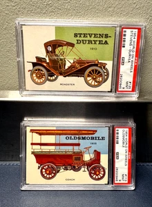 Pair 1954 Topps World on Wheels Stevens -Duryea 1905 Oldsmobile Both PSA 9 - Picture 1 of 4