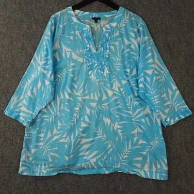 Talbots рубашка женщин 2 X синий белый тропический лист раздельный оборкой шеи туника Топ - Изображение 1 из 4