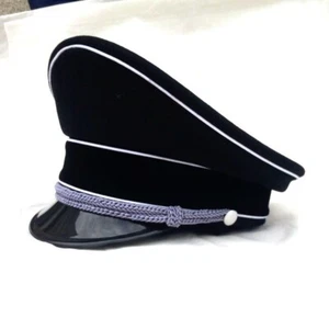 WW2 German Officer Hat Crusher Cap with Silver Chin Cord Wool Material black cap - Picture 1 of 4