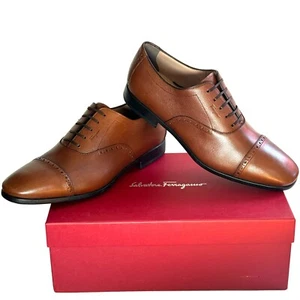 Ferragamo RILEY Leather 11 EE 44 Cap Toe Gancini Oxford Men's Brown Dress Shoes - Picture 1 of 8