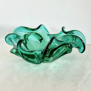 Mid-Century Murano-Style Emerald Green Art Glass Bowl Heavy Sculptural Freeform - Picture 1 of 11