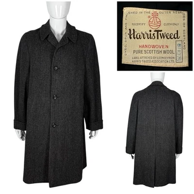 Harris Tweed Mens 40 Long Coat Overcoat Gray Woodshire Vintage Herringbone - Image 1 of 4