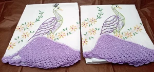 Pair Vintage Pillow Cases Hand Embroidered Peacock Crochet Trim Floral 20" x 29" - Picture 1 of 8